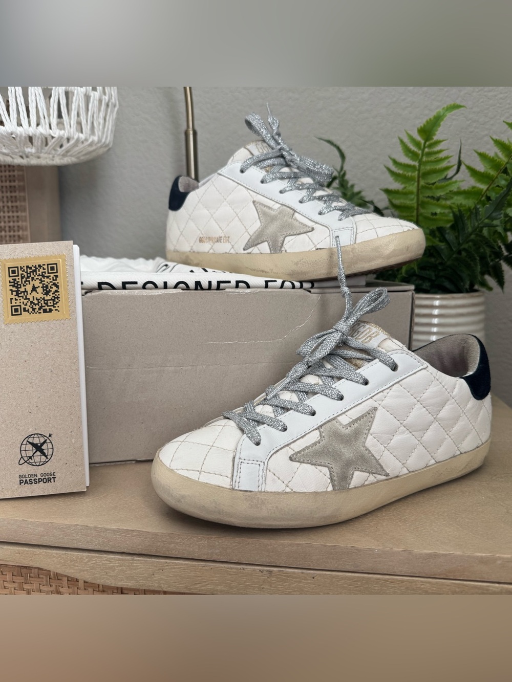 EUC Quilted Golden Goose Super Star Sneakers White with Silver Accents Size 36